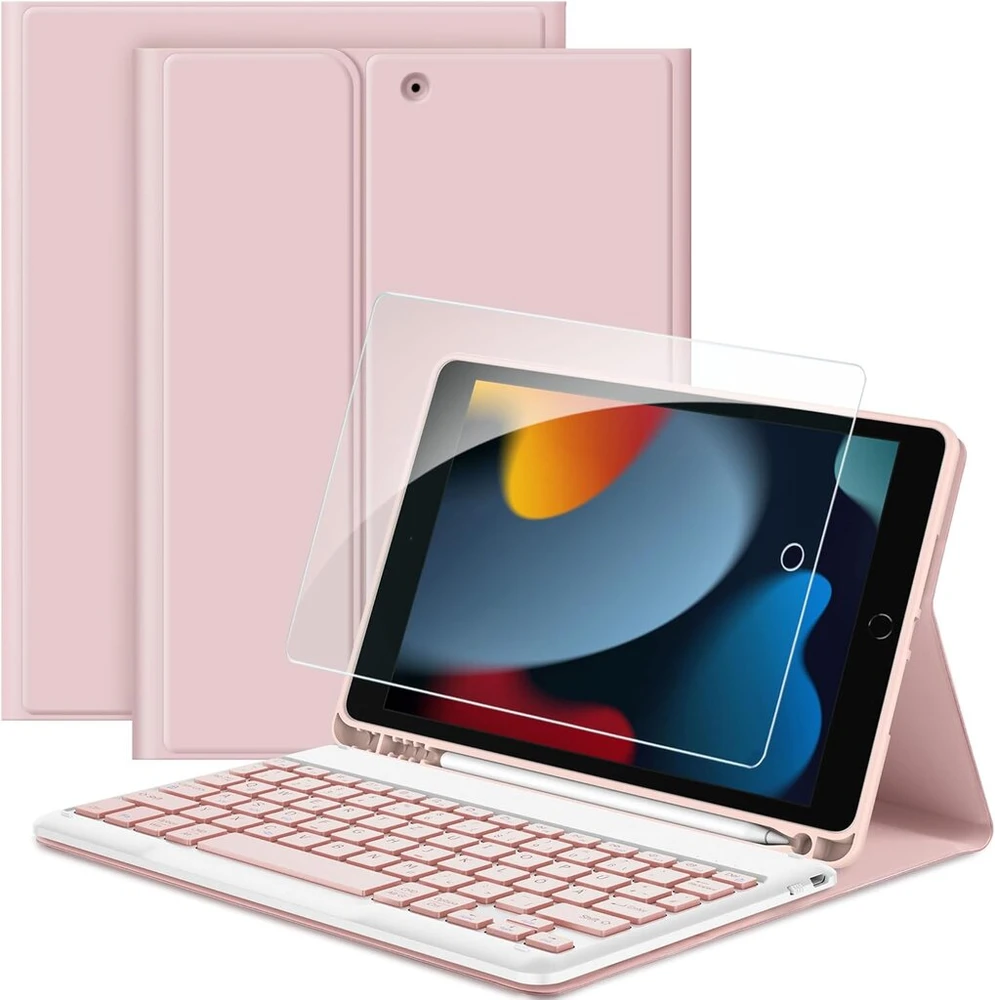 Klaviatūra Easyacc klaviatūros dėklas, suderinamas su Ipad 10.2 colių (9/8/7 kartos 2021/2020/2019) su apsaugine plėvele, [qwertz vokiečių kalba], nuimamas klaviatūros apsauginis dėklas su pieštuko laikikliu, rožinio aukso