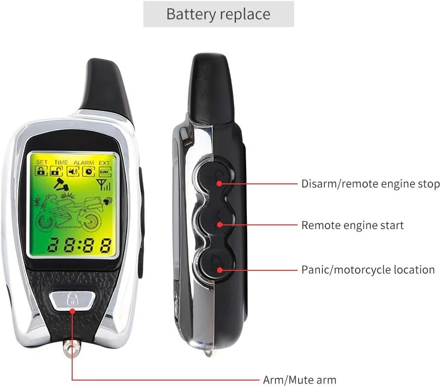 Easyguard Em209 2 krypčių motociklo signalizacija su nuotoliniu variklio užvedimu, mikrobangų jutikliu, spalvotu Lcd пейджерио ekranu, smūgio jutikliu, artumo jutikliu, universalus variantas Dc12v