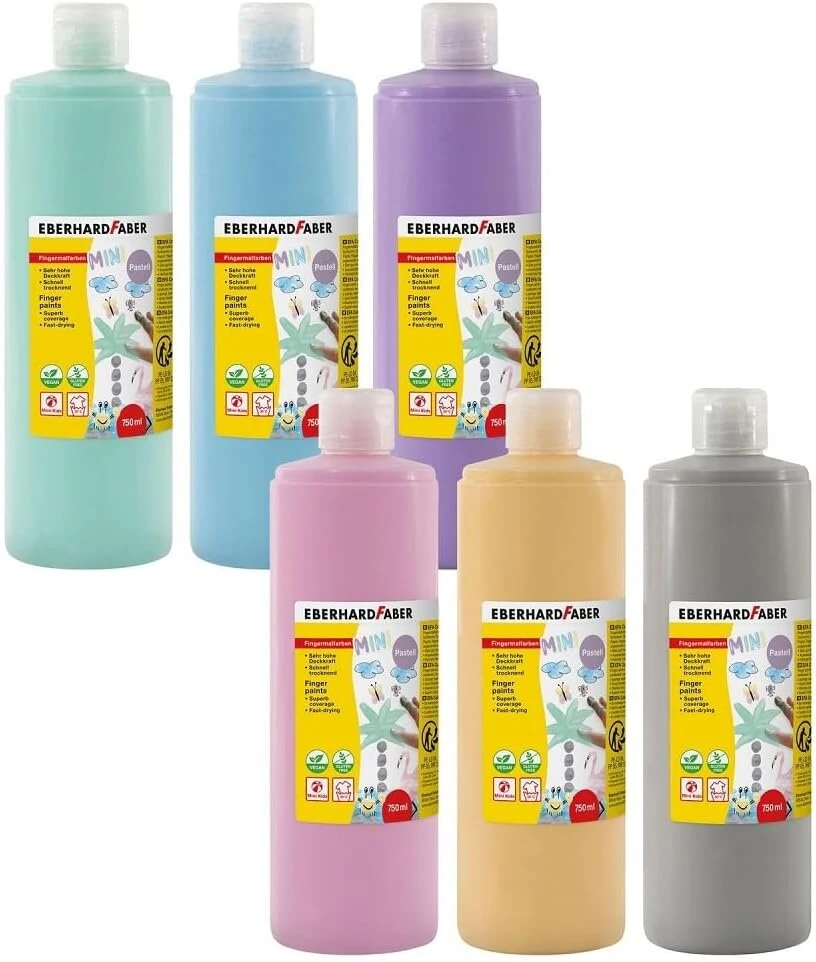 Eberhard Faber Efa Colour 578906 pirštų dažai, 6 pastelinės spalvos, po 750 ml, pirštų dažai vaikams, netoksiški