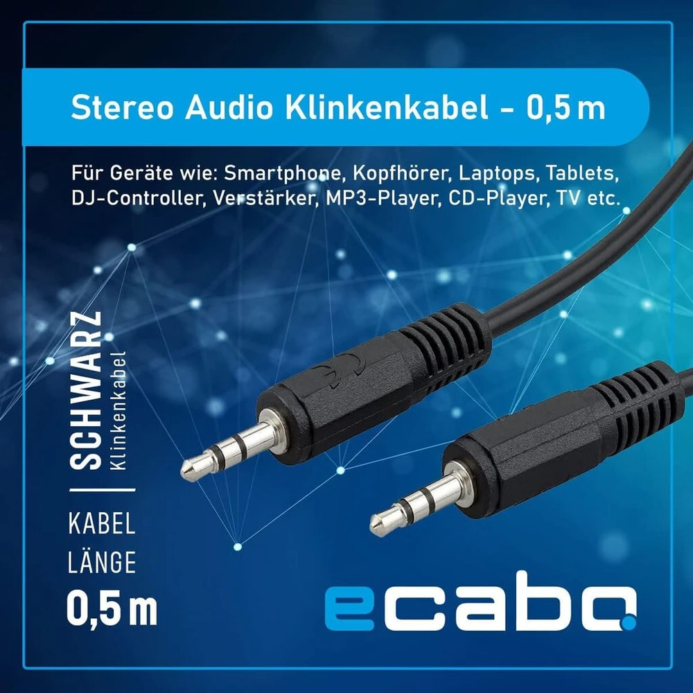 Ecabo 10003 stereo audio jack kabelis 3.5 mm male į 3.5 mm male - aux kabelis automobilių radijoms, mp3 grotuvams, imtuvams, kompiuteriams, nešiojamiems kompiuteriams, 0.50 m, juodas
