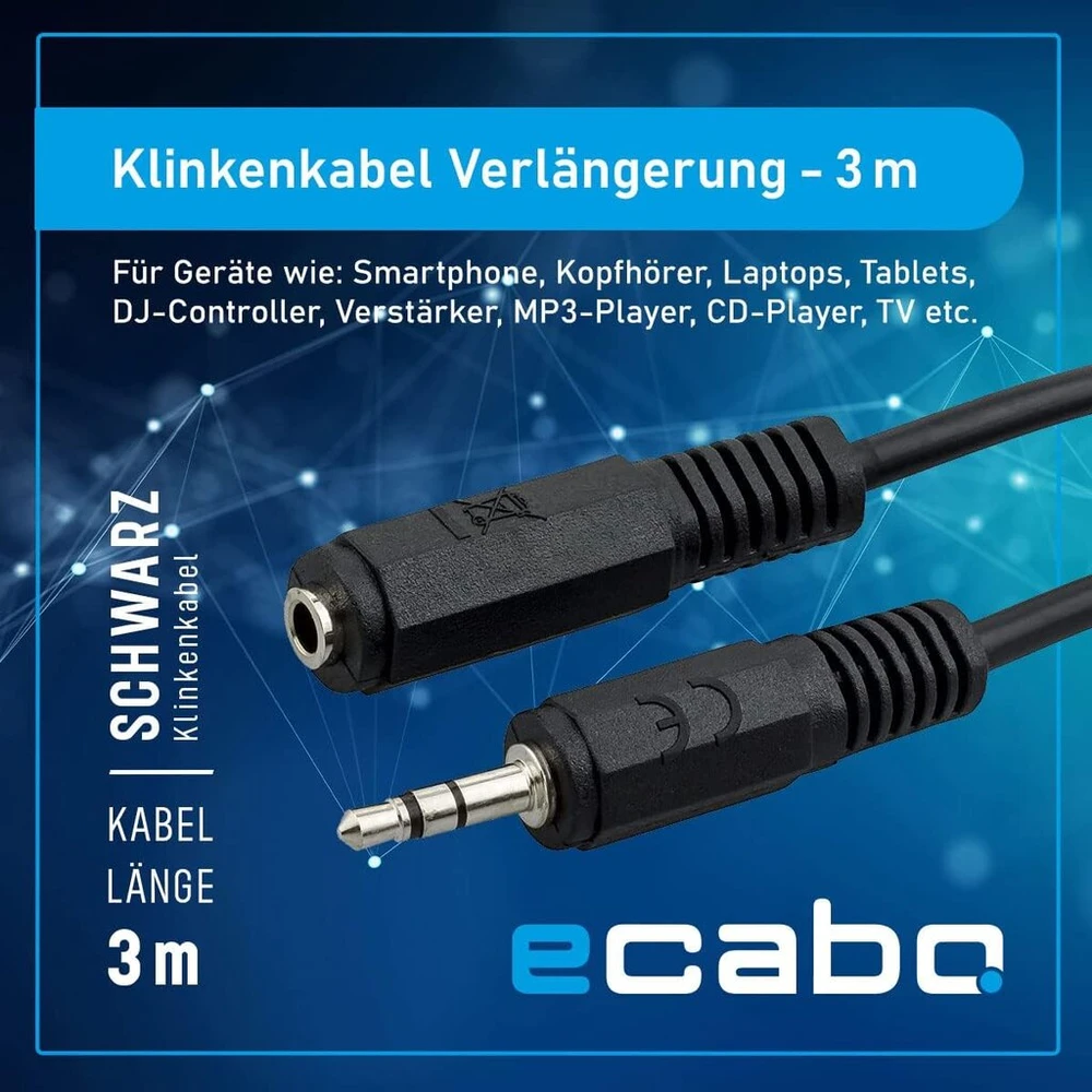 Ecabo 10023 stereo audio lizdo ilgiklis 3.5 mm kištukas į 3.5 mm lizdą - aux kabelis - ilgiklis - automobilių radijo imtuvams, mp3 grotuvams, imtuvams, kompiuteriams, nešiojamiesiems kompiuteriams, 3.00 m, juodas