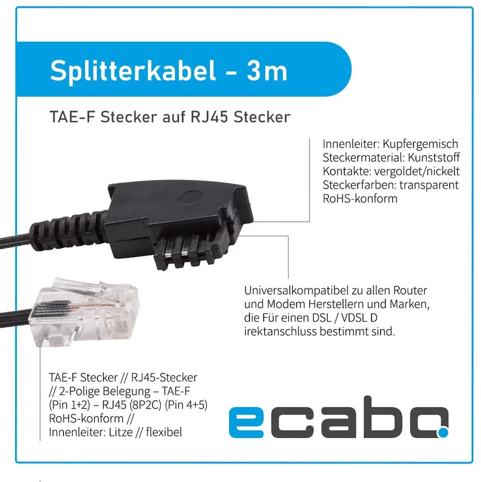Ecabo 10057 3m tae-f kištukas į rj45 kištuko jungiamąjį kabelį - maršrutizatoriaus kabelis - vdsl/dsl - tiesioginis sujungimas nuo dsl maršrutizatorių iki telefono lizdo - plokščias kabelis visiems maršrutizatoriams ir modemams - juodas