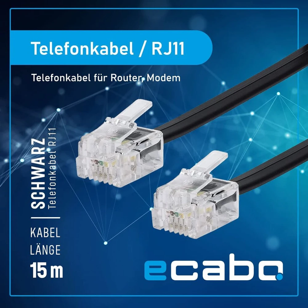 Ecabo 10089 15m modulinis telefono kabelis - 2x Rj11 kištukai - jungiamasis kabelis - vakarinis kištukas - 4 gyslų / 6p4c / 1:1 - plokščias kabelis telefonui, Isdn, atsakikliui, faksui, modemui - juodas