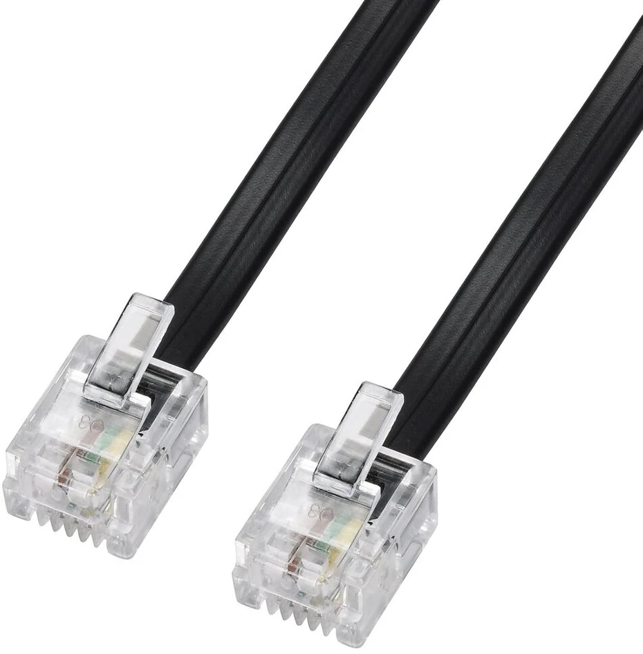 Ecabo 10089 15m modulinis telefono kabelis - 2x Rj11 kištukai - jungiamasis kabelis - vakarinis kištukas - 4 gyslų / 6p4c / 1:1 - plokščias kabelis telefonui, Isdn, atsakikliui, faksui, modemui - juodas