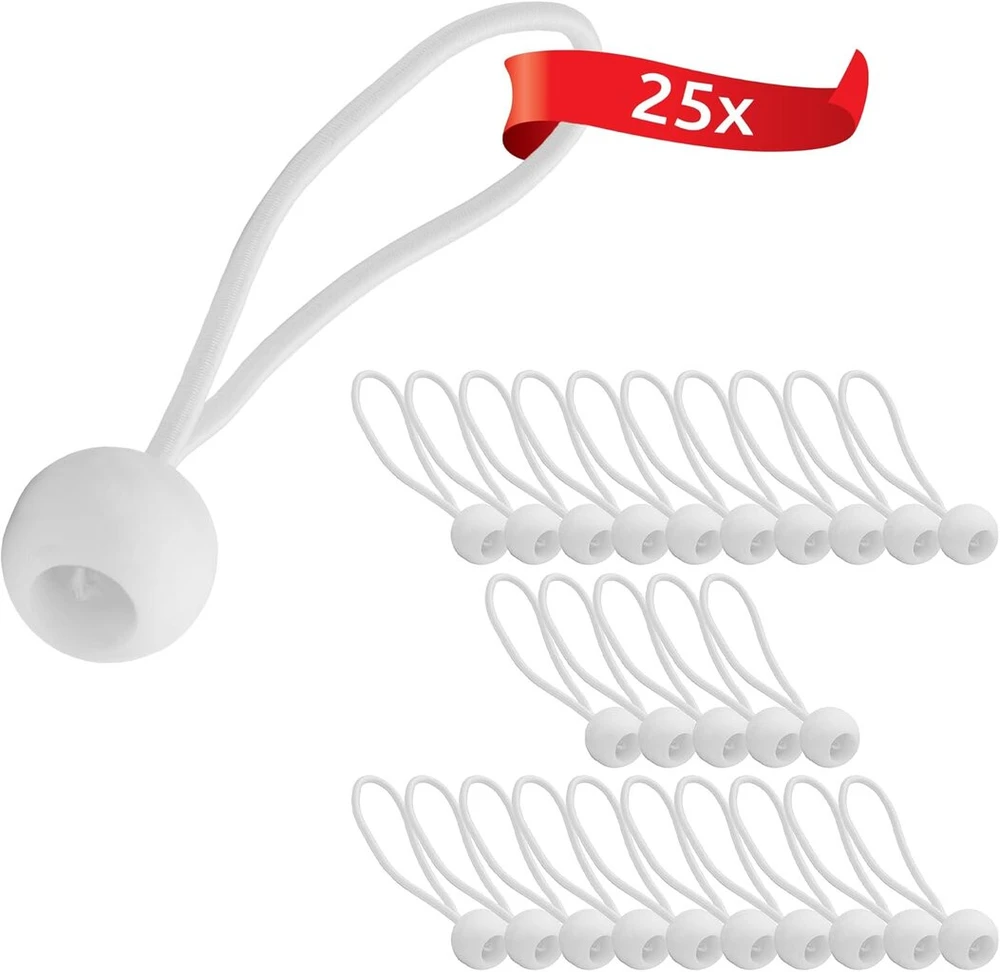 Ecence 25x guminės kilpos, tampomosios virvės, palapinių gumos, įtempikliai, brezentinės gumos, brezento įtempiklis su plastikiniu kamuoliuku, baltos, 81010107