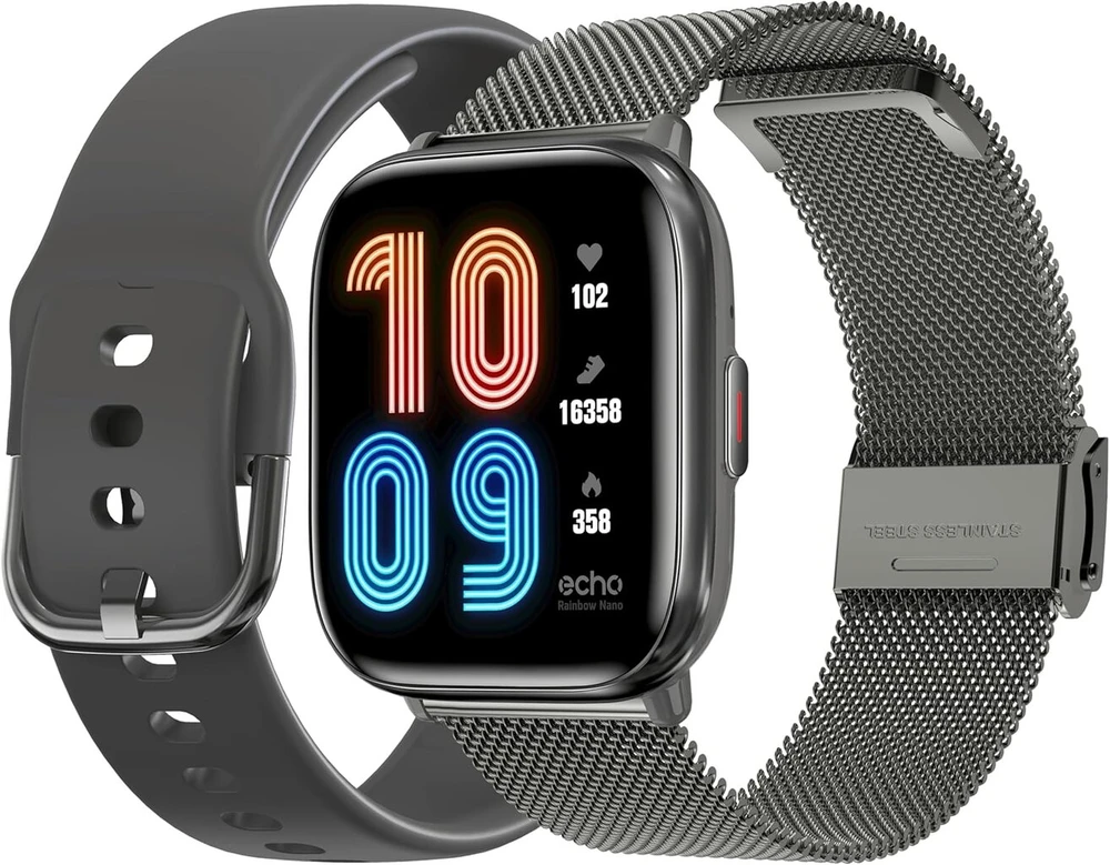 Echo Rainbow Nano - išmanusis laikrodis vyrams Amoled 1.83 colių pilkas - skambučių bluetooth/belaidis ryšys ir sveikatos jutikliai - sporto režimai su treneriu - 2 metalinės apyrankės ir trintukas - mini, lengvas ir