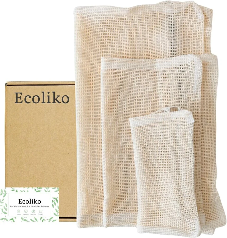 Ecoliko medvilninis skalbinių tinklelis skalbimo mašinai, skalbinių maišelių rinkinys (3 vnt.) liemenėlėms, kūdikių drabužiams, gležniems audiniams, bekvapis ir be mikropluošto, smėlio spalvos (s, M, L)