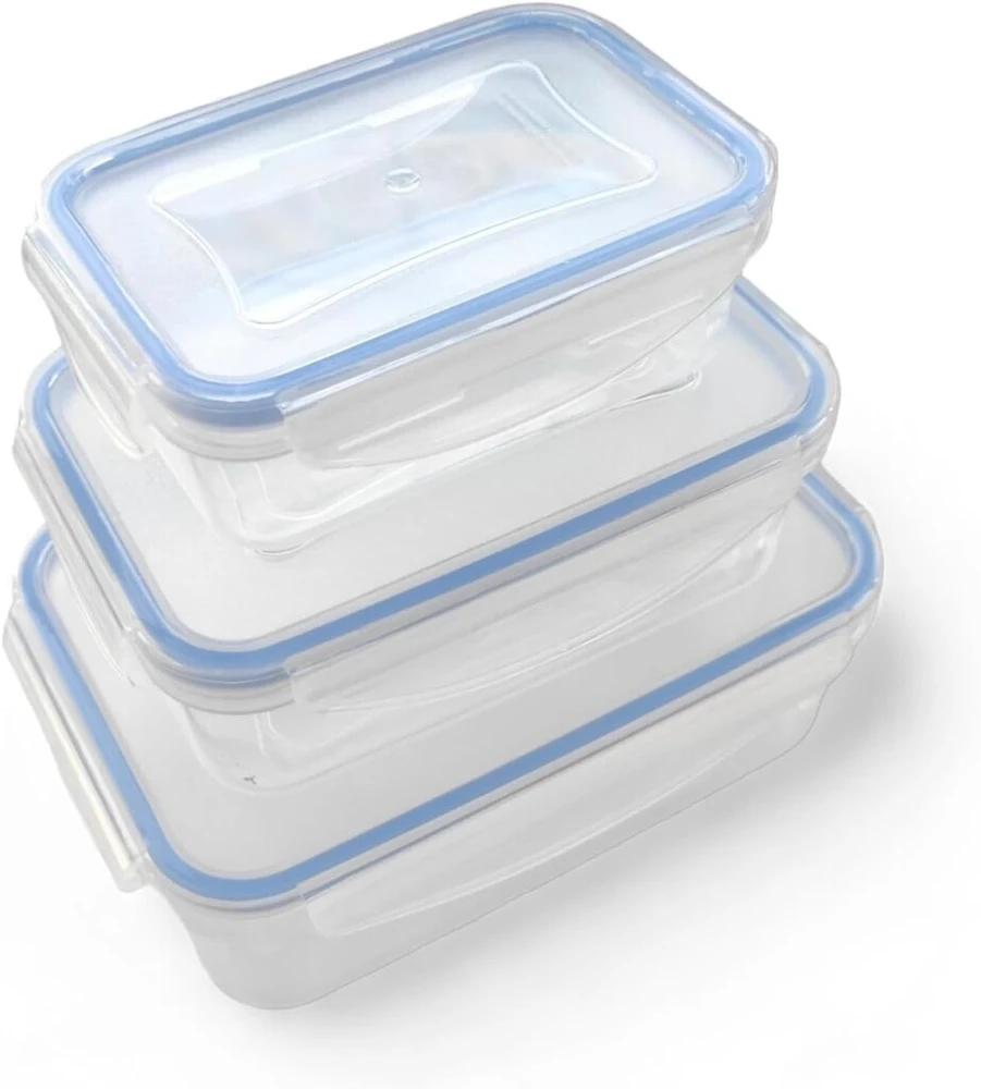Ecoplast 3 skaidrių indų rinkinys, sukraunami ir sandarūs, idealūs maisto laikymui ir konservavimui su maksimalia apsauga. Talpa 0,5 l, 1 l, 1,5 l