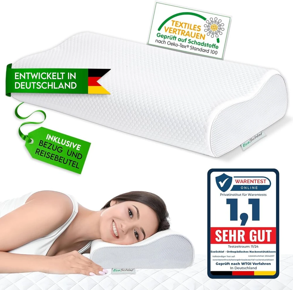 Ecoschlaf® Ortopedinė pagalvė 2025 Premium kaklo atramos pagalvė - sertifikuota - pagalvė miegantiems ant šono, kaklo pagalvė pagaminta iš minkšto memory foam - ergonominė pagalvė - kaklo skausmui - reguliuojamo aukščio