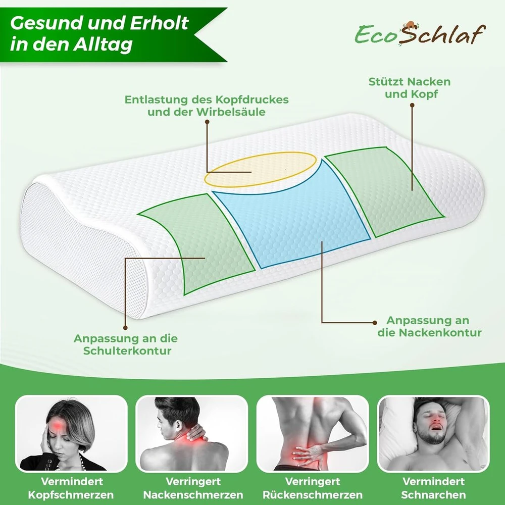 Ecoschlaf® Ortopedinė pagalvė 2025 Premium kaklo atramos pagalvė - sertifikuota - pagalvė miegantiems ant šono, kaklo pagalvė pagaminta iš minkšto memory foam - ergonominė pagalvė - kaklo skausmui - reguliuojamo aukščio