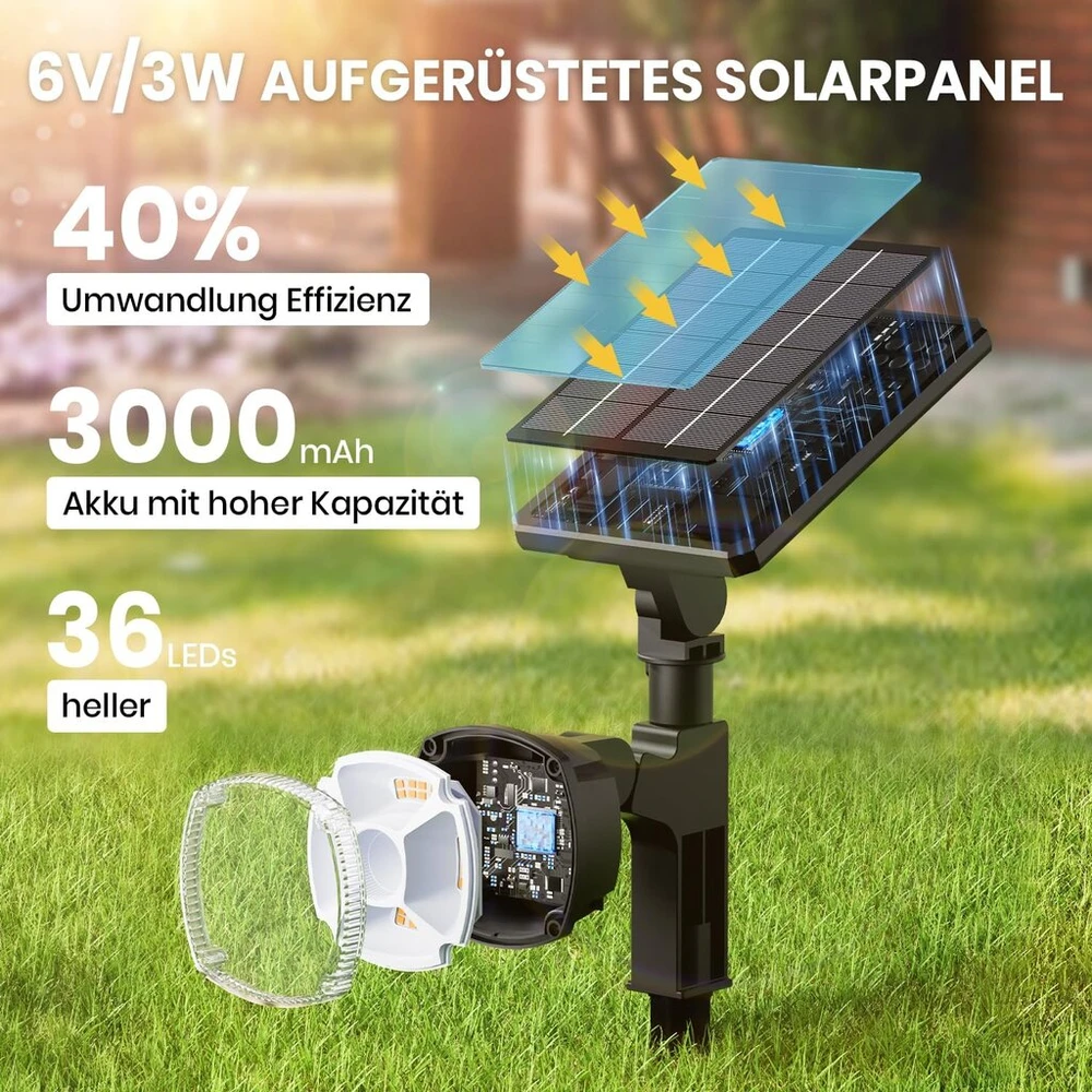 Edisonfire saulės prožektorius laukui, 36 led 3500 k saulės šviestuvai, prožektoriai, šilta balta, 3 ryškumo lygiai, 360° pasukami saulės šviestuvai, ip67 vandeniui atsparūs sieniniai šviestuvai laukui, sodui, vejai, takams