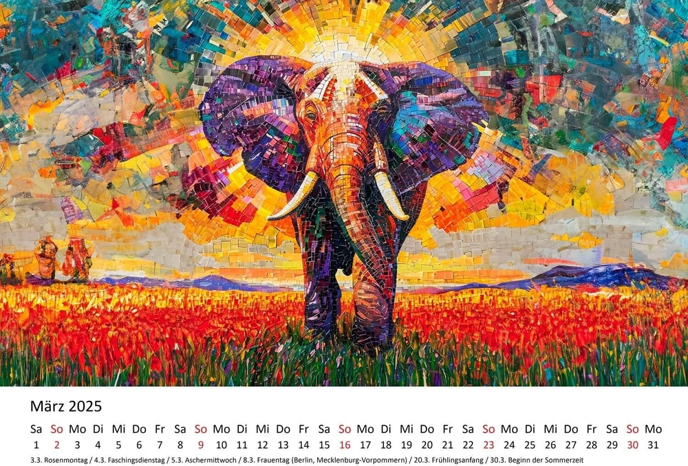 Edition Seidel Premium kalendorius Elephant Art 2025, formatas Din A3, sieninis kalendorius, gyvūnų kalendorius, dramblys, modernus pop meno tapybos stilius