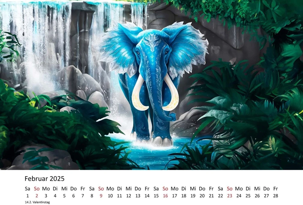 Edition Seidel Premium kalendorius Elephant Art 2025, formatas Din A3, sieninis kalendorius, gyvūnų kalendorius, dramblys, modernus pop meno tapybos stilius