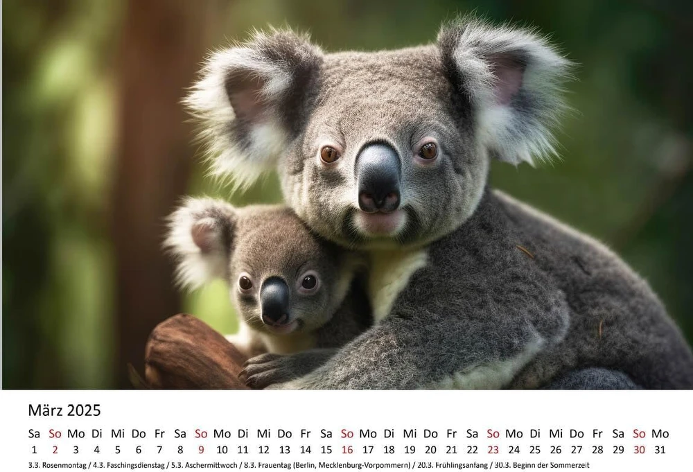 Edition Seidel Premium kalendorius Koalos 2025 formatas Din A4 sieninis kalendorius gyvūnų kalendorius Australija koala lokys žinduolis eukalipto miškas