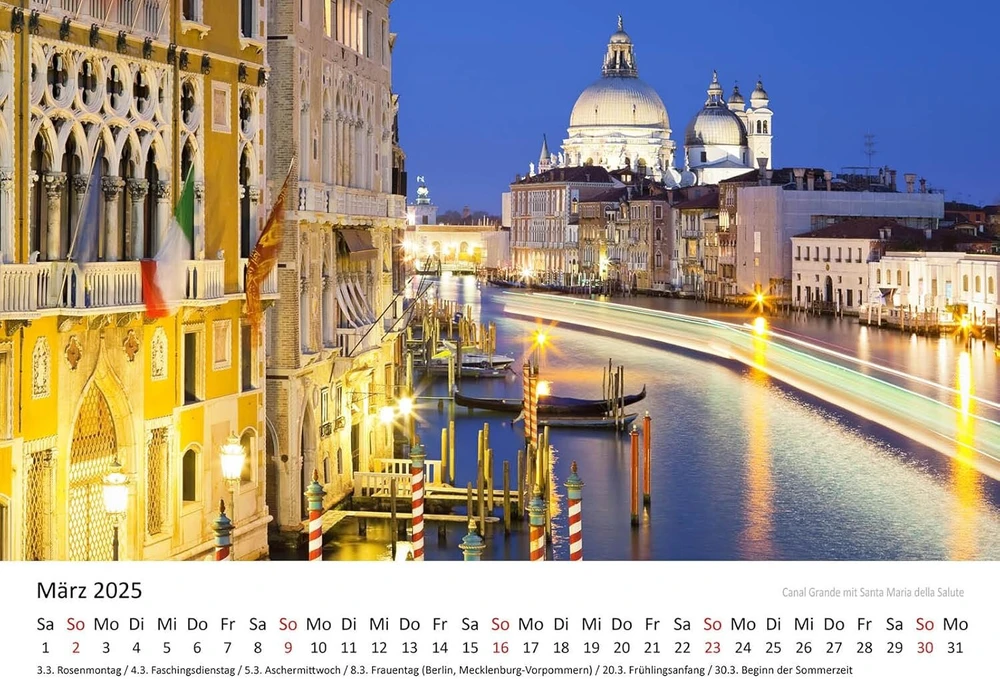 Edition Seidel Premium Venice kalendorius 2025, formatas Din A3, sieninis kalendorius, Europa, Italija, Šv. Morkaus bazilika, Šv. Morkaus aikštė, Canal Grande, Rainer Mirau