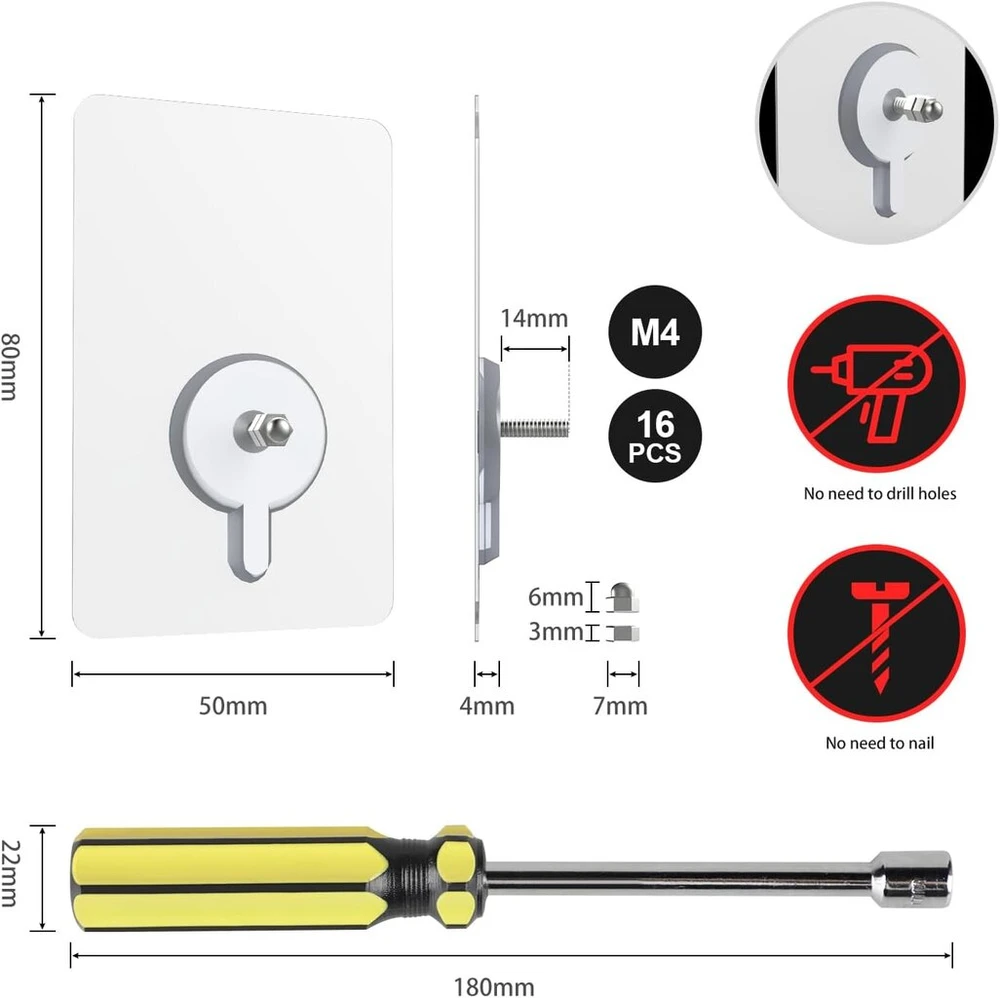 Efuturetime® 16 vnt. lipnių pakabinamų vinių rinkinys, skaidrios, su 14 mm sraigtiniu strypu, sraigtai be gręžimo, lipnūs sraigtai su atsuktuvu, sraigtai klijavimui, m4-14 mm