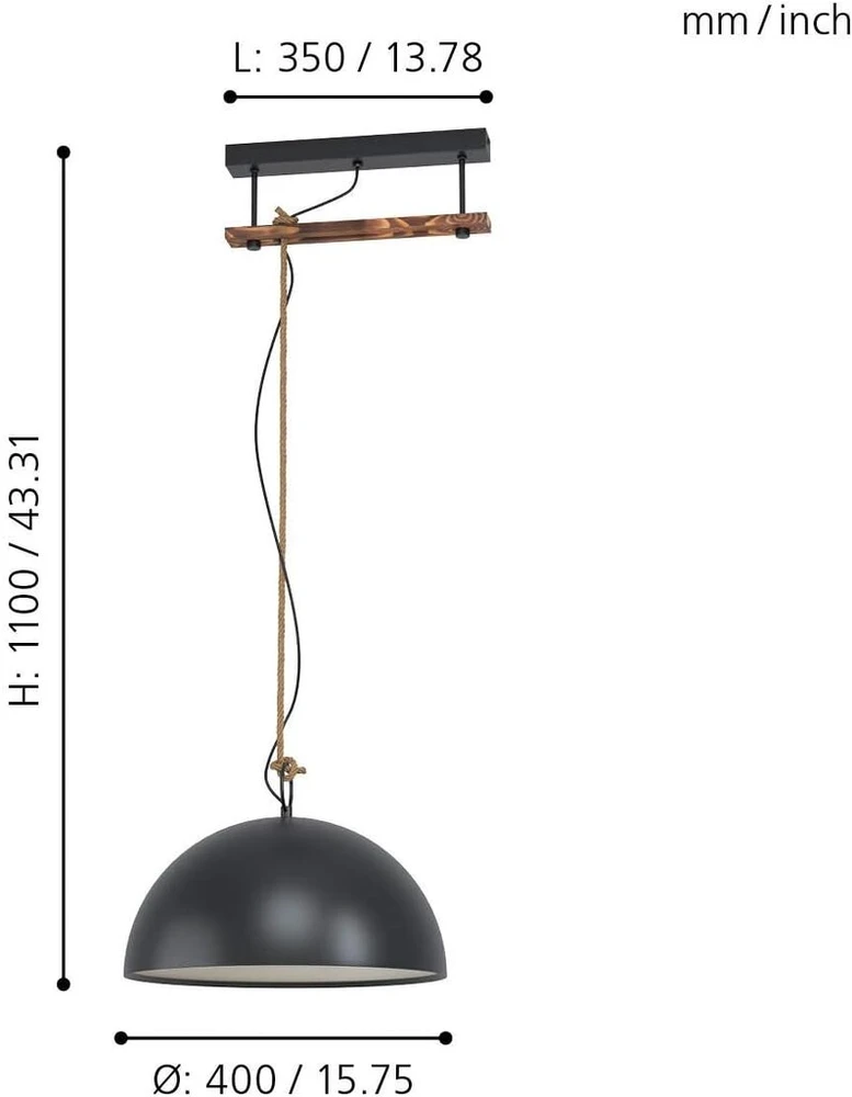 Eglo hodsoll pakabinamas šviestuvas, 1 lemputės pakabinamas šviestuvas vintage, industrial, retro, pakabinamas šviestuvas pagamintas iš plieno, medžio, virvės juodos, kreminės, rudos spalvos, valgomojo stalo lempa, svetainės lempa su e27