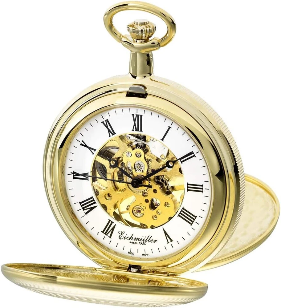 Eichmüller Since 1950 kišeninis laikrodis mechaninis rankinis užvedimas skeletas mechanizmas su grandinėle 8214-01, elegantiškas