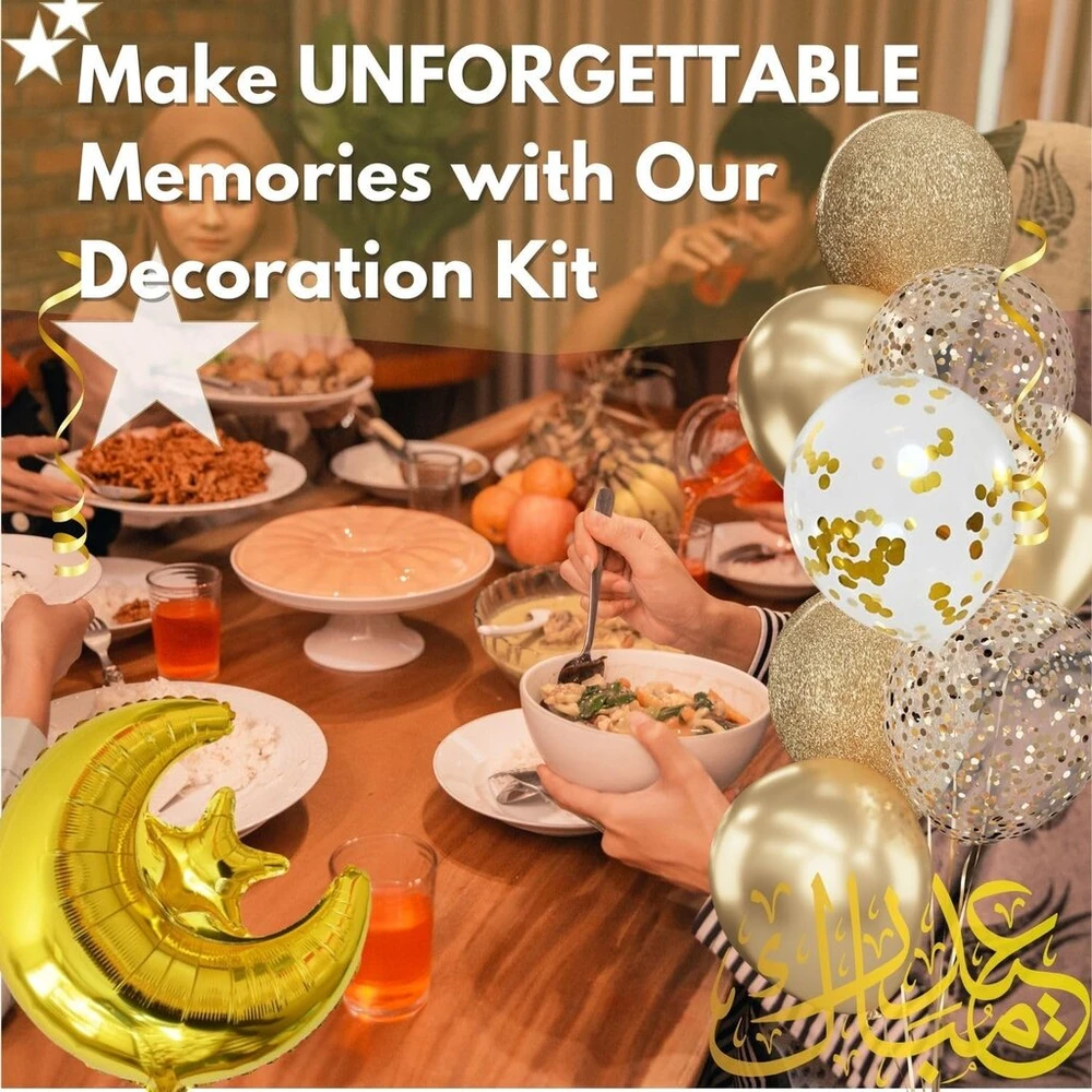 Eid Mubarak Mübarek dekoracijų rinkinys su 34 elementais – auksinis: išskirtinis fryzų stilius arabų kalba su 1 mėnulio balionu + 2 žvaigždėmis, 3 konfeti balionais, 24 balionais + 1 5 m juostele + 100 lipnių taškelių – Dekorasyon