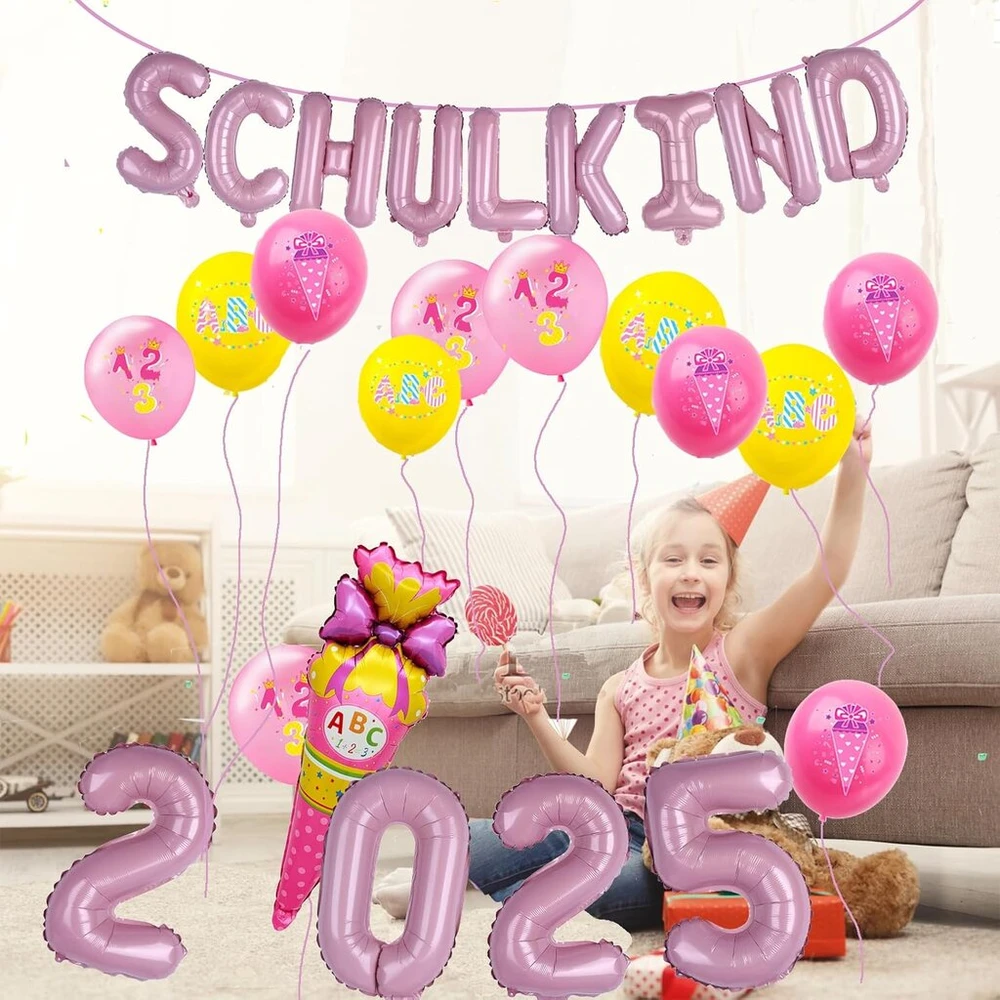 Einschulung Deko balionas moksleivei 2025 rožinės spalvos. Mokyklos pradžios dekoracijų rinkinys su girlianda Schulkind 2025, foliniai balionai, helio balionai, reklaminis skydelis, saldainių maišeliai, dovanos moksleivei