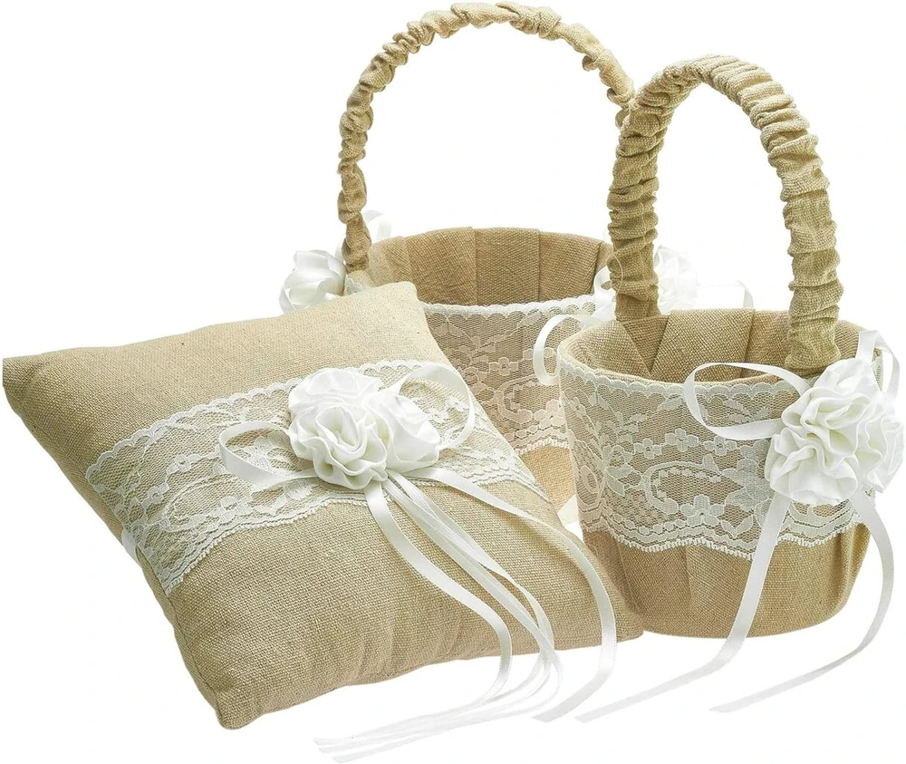 Einssein 1 x žiedų pagalvėlės rinkinys iš džiuto su gėlėmis 20 x 20 cm didelis + 2 x barstymo krepšeliai vestuvių pagalvėlė vestuviniai žiedai vintažinė vestuvių žiedų pagalvėlė vestuvių pagalvėlė širdelės vestuvių ceremonija