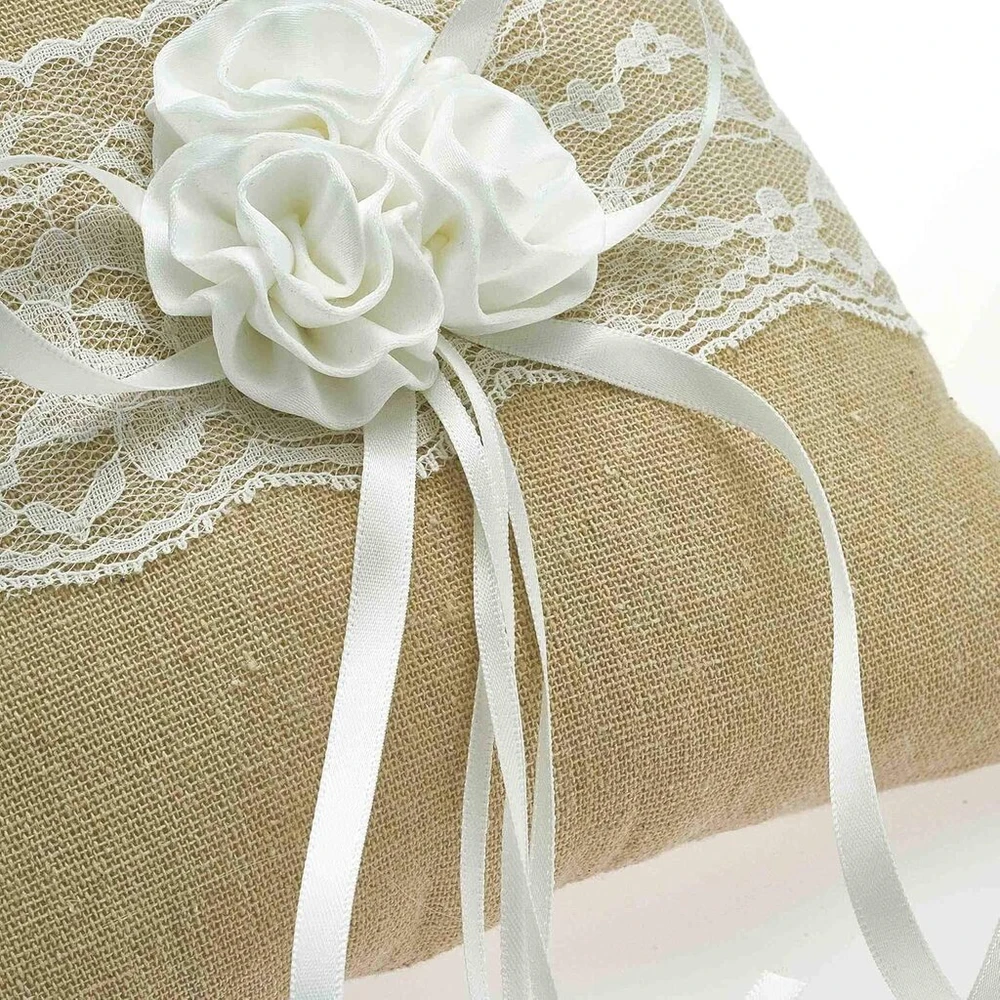 Einssein 1 x žiedų pagalvėlės rinkinys iš džiuto su gėlėmis 20 x 20 cm didelis + 2 x barstymo krepšeliai vestuvių pagalvėlė vestuviniai žiedai vintažinė vestuvių žiedų pagalvėlė vestuvių pagalvėlė širdelės vestuvių ceremonija