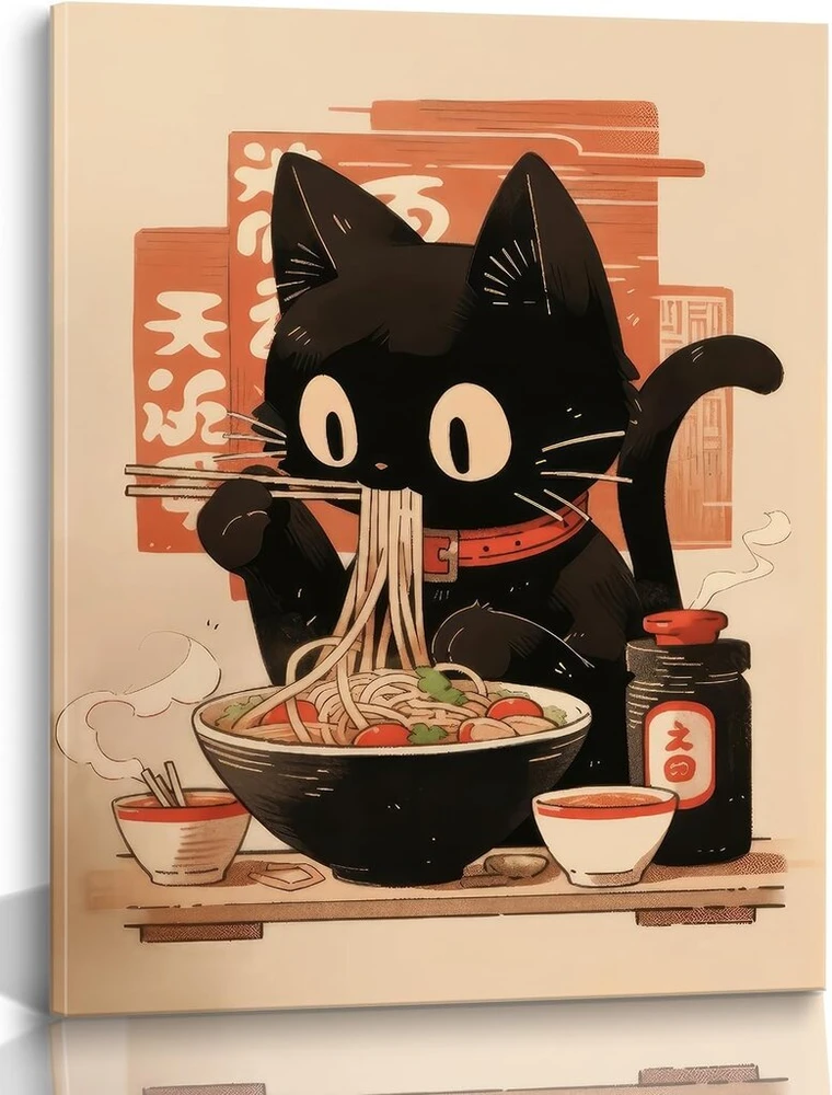 Ekeyr mielas juokingas juodas katės plakatas ramen makaronai sienų menas japoniški juodos katės paveikslėliai plakatai japoniškas maistas tokyo meno atspaudai virtuvės valgomojo kambario sienų menas