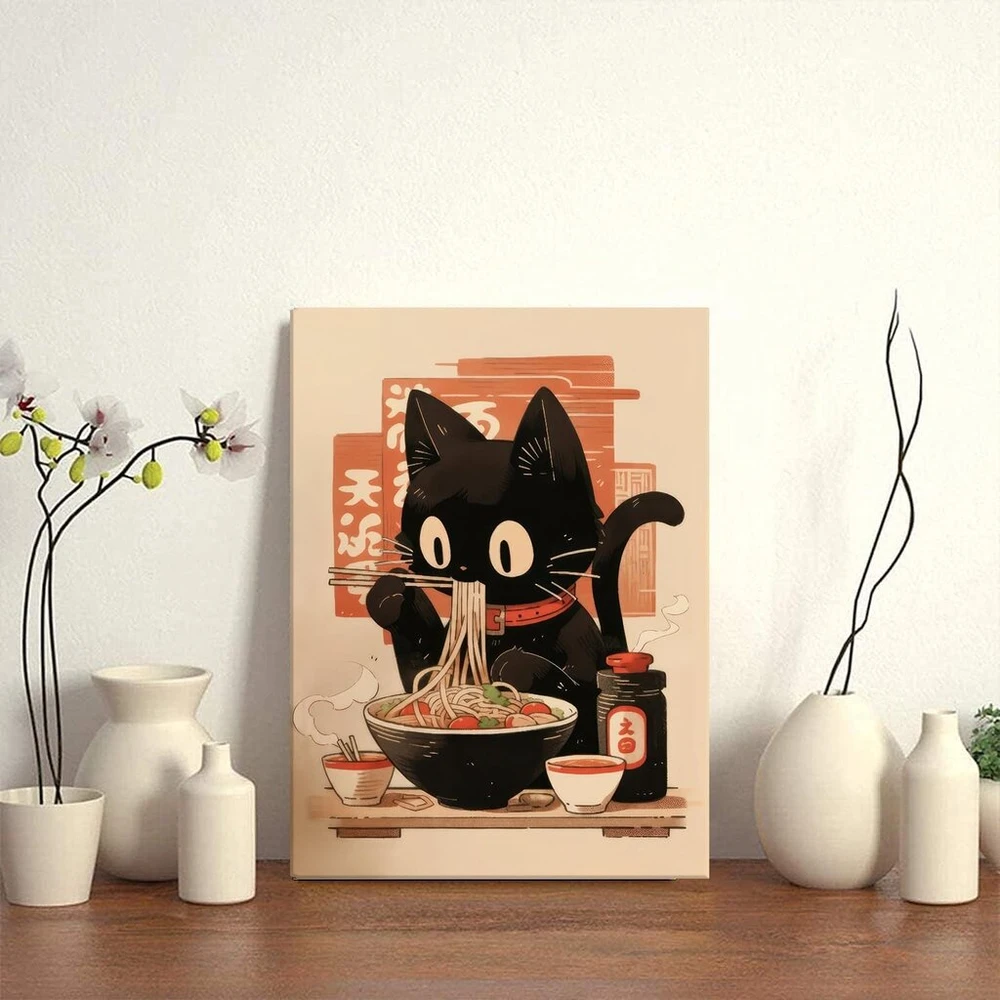 Ekeyr mielas juokingas juodas katės plakatas ramen makaronai sienų menas japoniški juodos katės paveikslėliai plakatai japoniškas maistas tokyo meno atspaudai virtuvės valgomojo kambario sienų menas
