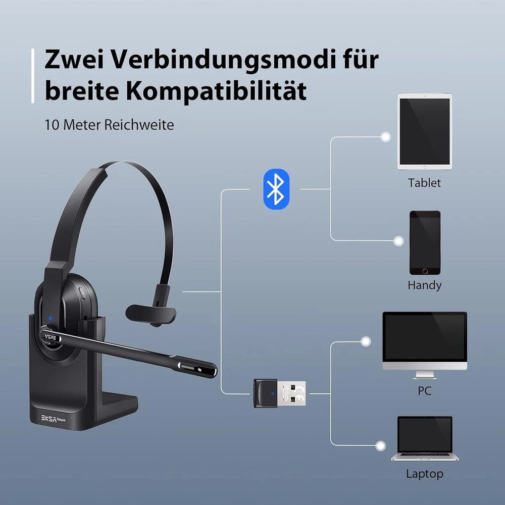 Eksa H5 Bluetooth Pc ausinės su mikrofonu ir Usb raktu [45 val. atkūrimo laikas ir 10 m atstumas] Mono su įkrovimo stotele ir Ai triukšmo slopinimo mikrofonu, belaidės verslo ausinės biurui/namų biurui