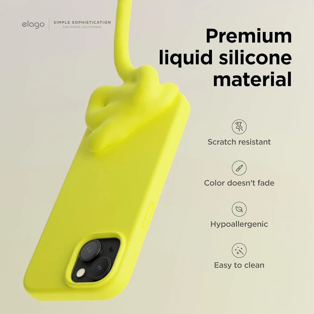 Elago Liquid Silicone dėklas, suderinamas su iphone 15, aukščiausios kokybės mobiliojo telefono dėklas, viso korpuso apsauginis dėklas, 4 sluoksnių smūgiams atspari struktūra, atsparus įbrėžimams, minkštas mikropluošto pamušalas, neoninė geltona