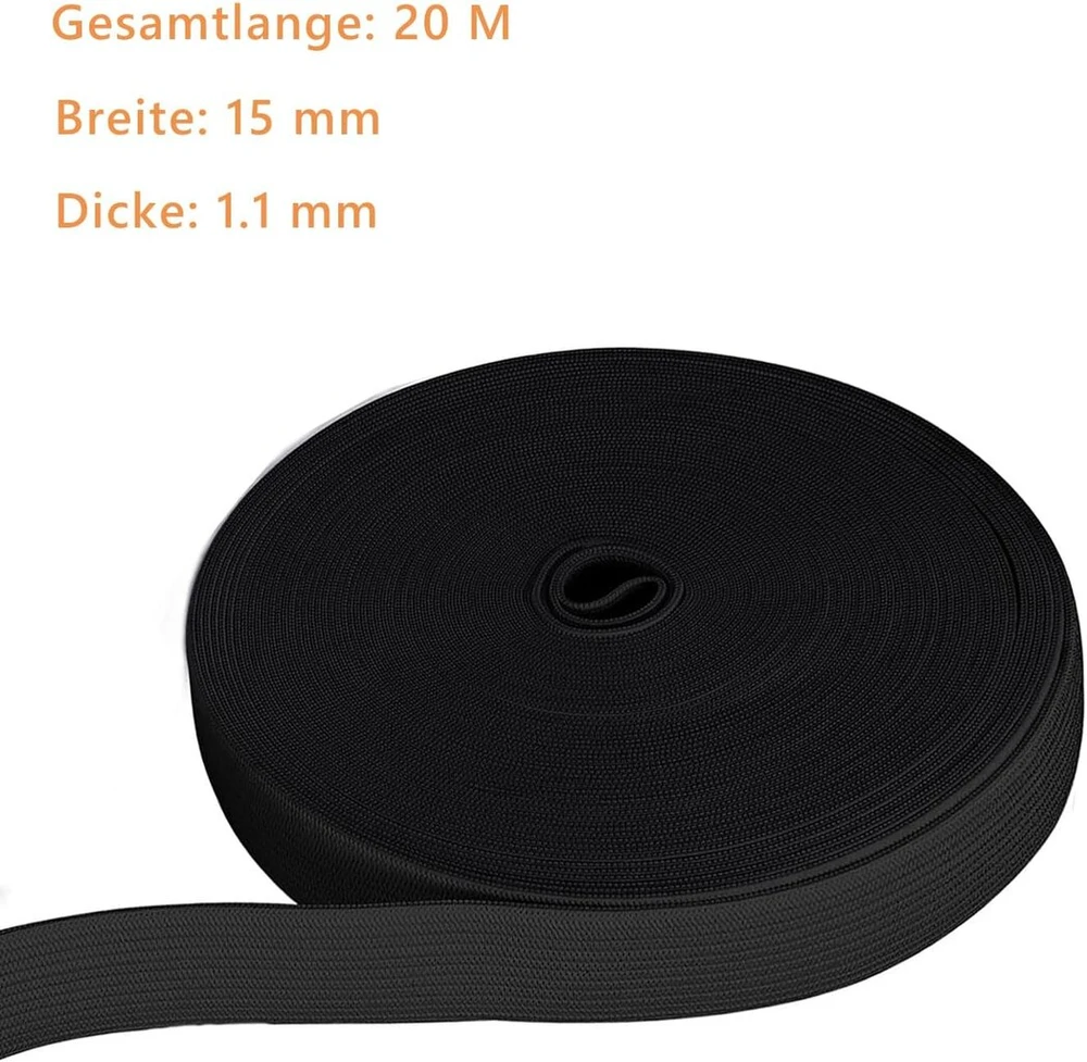 Elastinga juosta siuvimui, 20m, 15mm pločio, juoda