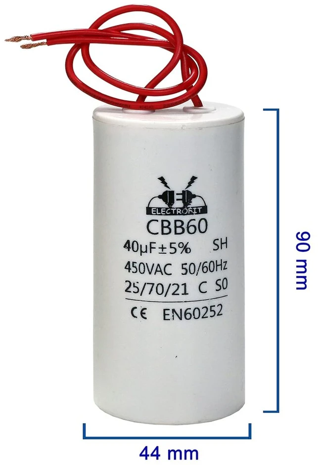 Electrofit paleidimo kondensatorius, variklio kondensatorius, nuolatinis kondensatorius varikliui, 40µf 450v, kabelis, cbb 60