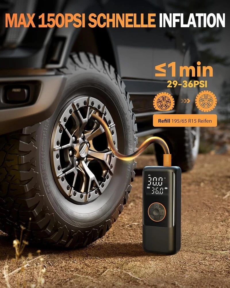 Elektrinis oro siurblys su baterija, 150 psi oro siurblys dviračiui, nešiojamas mini kompresorius su manometru ir dvigubu led ekranu, 12 v dc elektrinės padangos automobiliams, motociklams, dviračiams