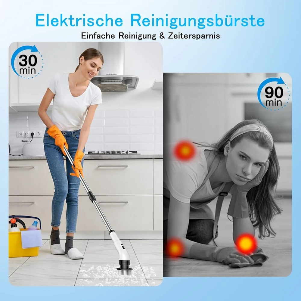 Elektrinis valymo šepetys, 9 viename elektrinis valymo šepetys namų ūkiui, 2 režimų elektrinis sukamasis šepetys, elektrinis valymo šepetys su 34-130 cm, dušo valymo šepetys voniai, virtuvei, plytelėms ir automobiliui