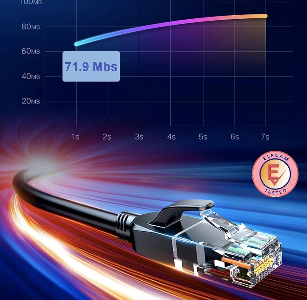 Elfcam® - 10 metrų ethernet cat 7 apvalus kabelis, lan kabelis su paauksuota rj45 jungtimi, tinklo kabelis 100% varinis standus instaliacinis kabelis, sftp, 28 awg, juodas, 10 m