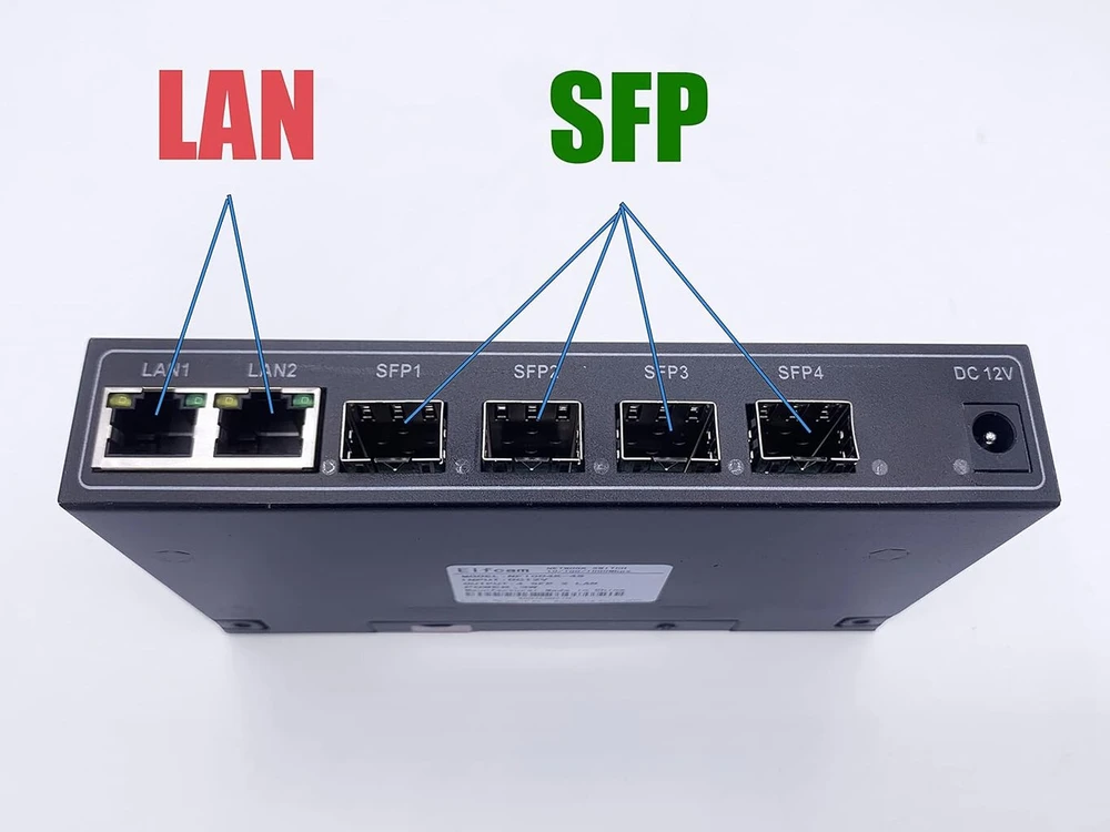 Šakotuvas Elfcam® - gigabitinis ethernet lan jungiklis su 4 x gigabit sfp 1.25g prievadais ir 2 x gigabit ethernet prievadais 10/100/1000mbps, plug and play gigabitinis jungiklis lan skirstytuvas (4 sfp prievadai)
