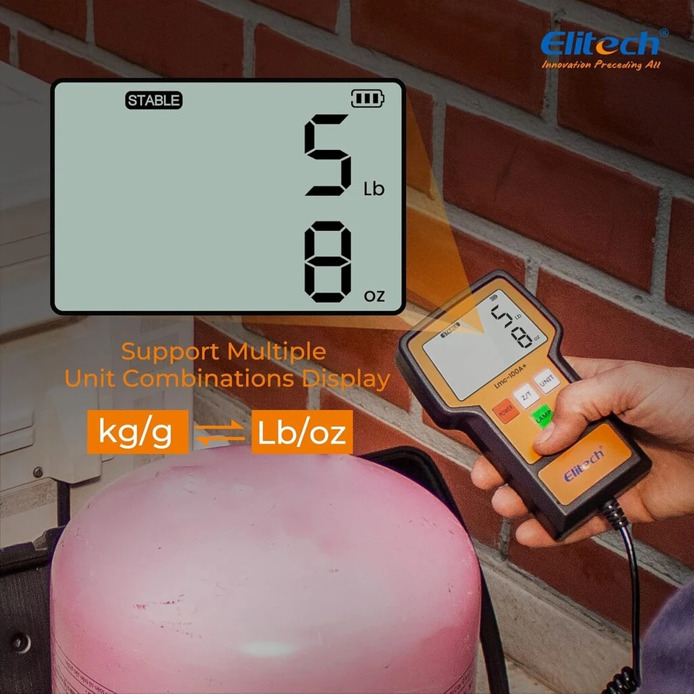 Elitech 100kg šaltnešio svarstyklės - didelis tikslumas ±0,05%, nešiojamos įkrovimo svarstyklės su keliais vienetais, tinkamos Švok, šilumos siurbliams ir automobilių oro kondicionieriams