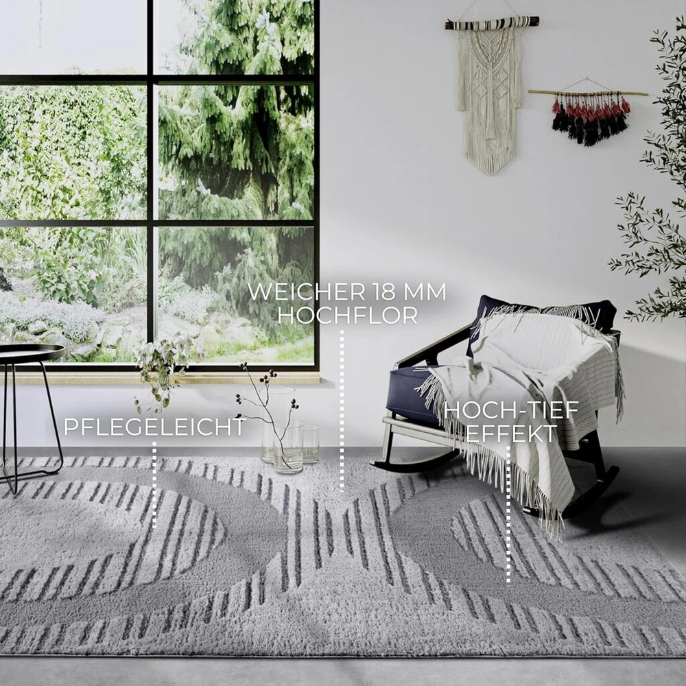 Elle Decoration Bartoux kilimas su aukštu pluoštu, modernus svetainės kilimas, ilgo pluošto pūkuotas, modernus raštas, minkštas boho svetainei, miegamajam - šviesiai pilkas, 80 x 120 cm