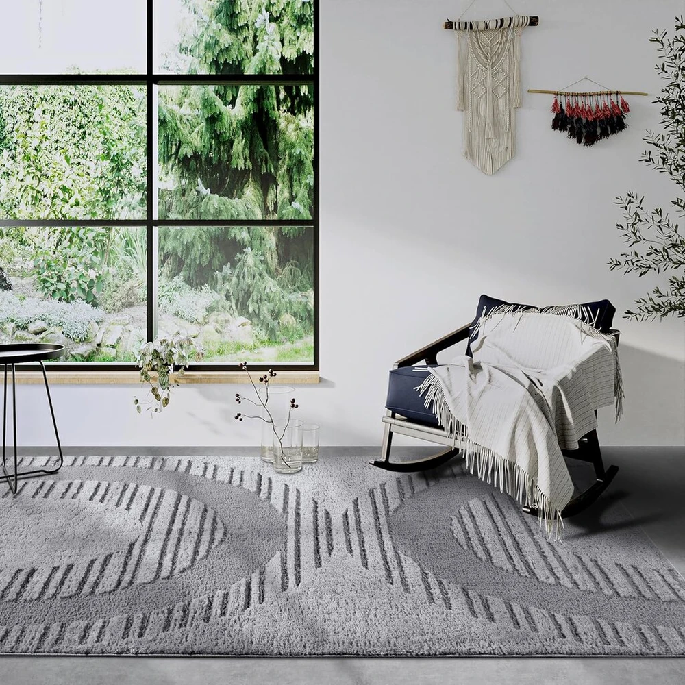 Elle Decoration Bartoux kilimas su aukštu pluoštu, modernus svetainės kilimas, ilgo pluošto pūkuotas, modernus raštas, minkštas boho svetainei, miegamajam - šviesiai pilkas, 80 x 120 cm