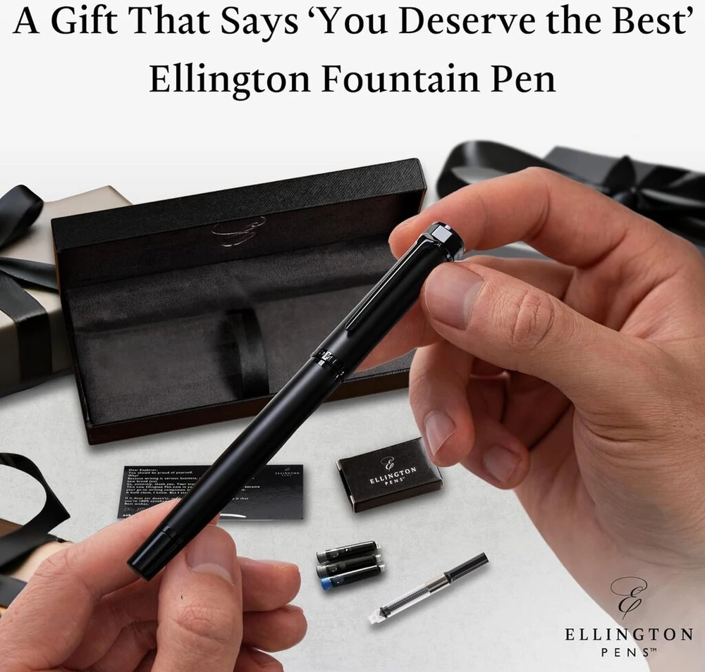 Ellington Pens prabangus plunksnakočių rinkinys - plunksnakotis rašymui - švelnus vidutinis plunksnos antgalis - apima daugkartinio naudojimo rašalo konverterį, 3 rašalo kasetes [juoda ir mėlyna], dovanų dėžutė - elegantiškas