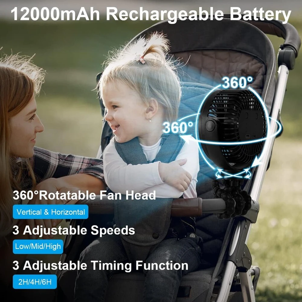 Elzo 12000 Mah Usb ventiliatorius, tylus rankinis mini ventiliatorius su 3 greičiais / 360° pasukimu, nešiojamas prisegamas ventiliatorius, stalo ventiliatorius su lanksčiu trikoju vežimėliui, biurui, automobiliui, stovyklavimui
