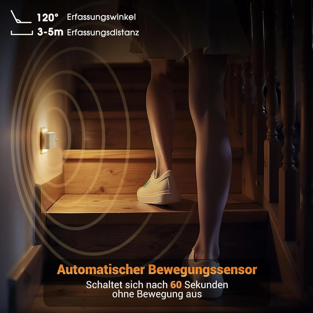 Lova Emeritpro naktinė lemputė į elektros lizdą su judesio davikliu, 2 vnt., pritemdoma lizdinė lemputė (0–100 lm), 3 režimai Auto/on/off, 3000 K šilta balta naktinė lemputė vaikams, led lizdinė lemputė miegamajam