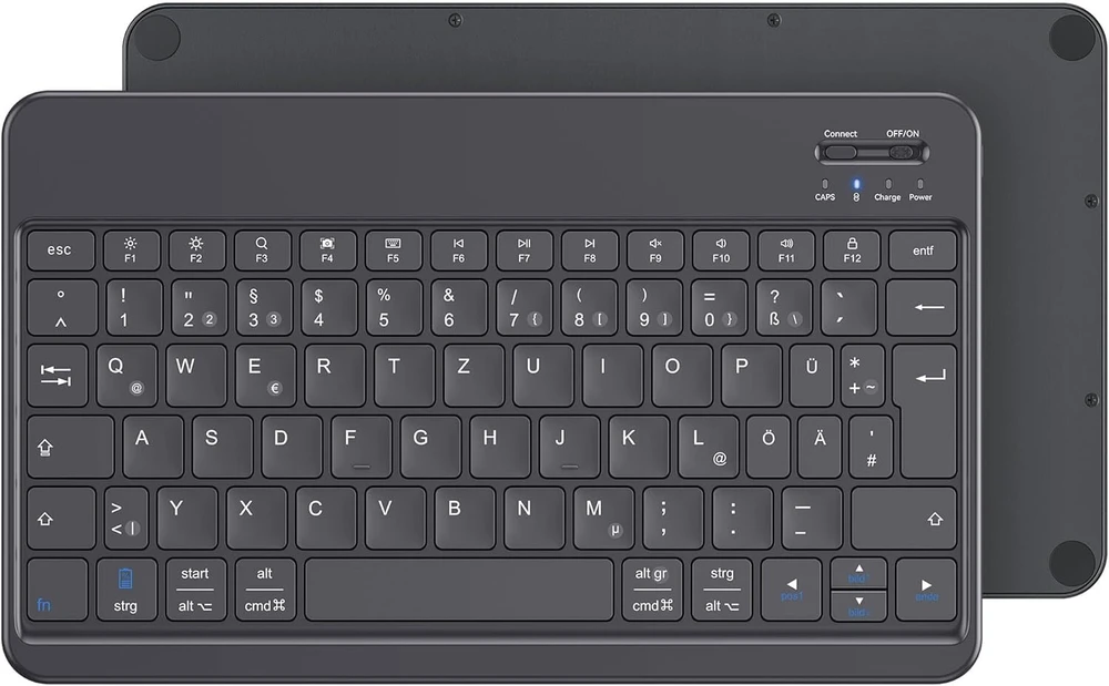 Emetok vokiška bluetooth klaviatūra, skirta Ipad Air/pro/mini/10.9/10.2/9.7/iphone/android, padidinti klavišų gaubteliai, įkraunama, Qwertz, nešiojama belaidė, itin plona, juoda (be apšvietimo)