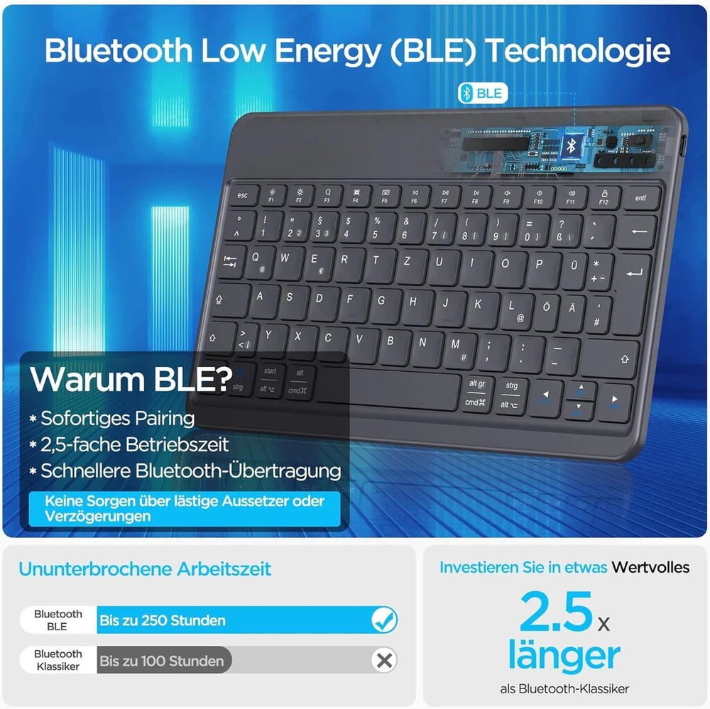 Emetok vokiška bluetooth klaviatūra, skirta Ipad Air/pro/mini/10.9/10.2/9.7/iphone/android, padidinti klavišų gaubteliai, įkraunama, Qwertz, nešiojama belaidė, itin plona, juoda (be apšvietimo)
