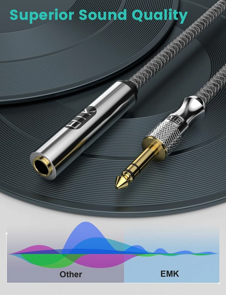 Emk 1/4" ilginimo kabelis, 6.35mm 1/4" stereo ausinių gitaros ilginimo kabelis iš tėviško į moterišką, paauksuotas ketvirčio colio ausinių ilginimo kabelis (2.4m)