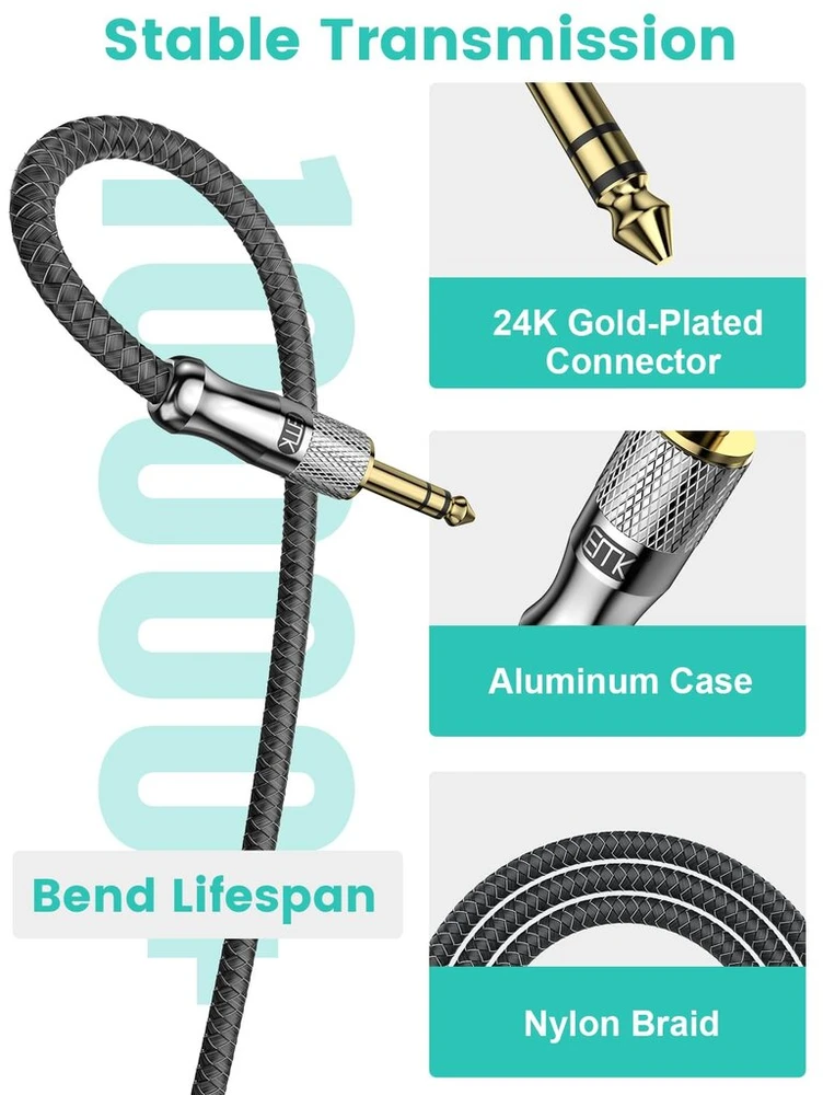 Emk 1/4" ilginimo kabelis, 6.35mm 1/4" stereo ausinių gitaros ilginimo kabelis iš tėviško į moterišką, paauksuotas ketvirčio colio ausinių ilginimo kabelis (2.4m)