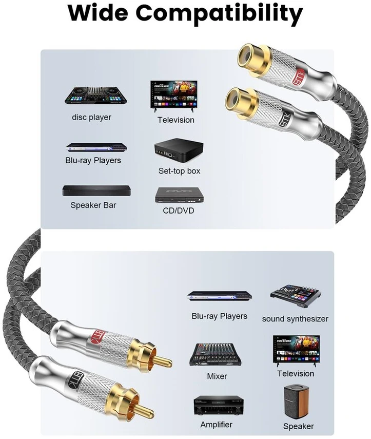 Emk 2 rca kištukas į 2 rca lizdą prailginimo laidas paauksuotas tvirtas stereo garso prailginimo laidas namų kinui 4m sidabrinis