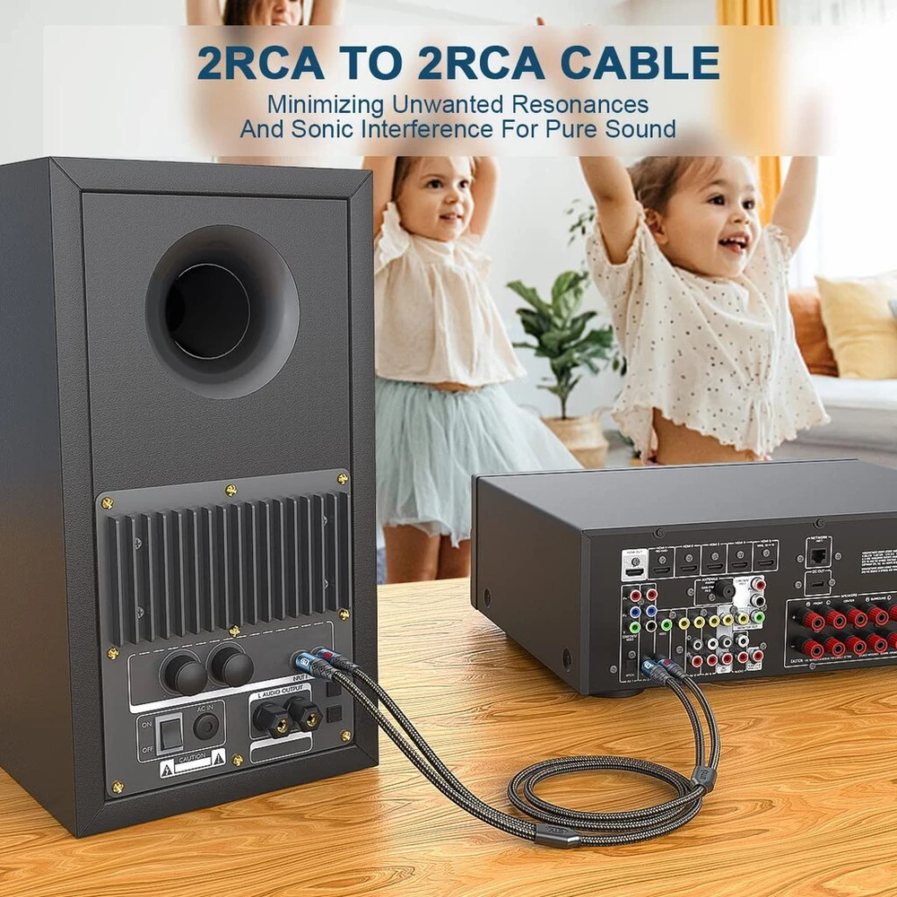 Emk 2rca žemų dažnių garsiakalbio kabelis rca prailginimo laidas 2rca kištukas į 2rca (r&l) kištuką aliuminio korpusas nailono pynimo stereo kabelis skirtas išmaniajam televizoriui, soundbar'ui, stiprintuvui, garsiakalbiui (2 metrai)