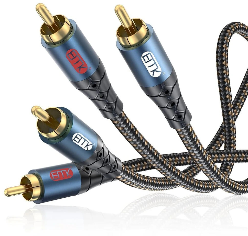 Emk 2rca žemų dažnių garsiakalbio kabelis rca prailginimo laidas 2rca kištukas į 2rca (r&l) kištuką aliuminio korpusas nailono pynimo stereo kabelis skirtas išmaniajam televizoriui, soundbar'ui, stiprintuvui, garsiakalbiui (2 metrai)