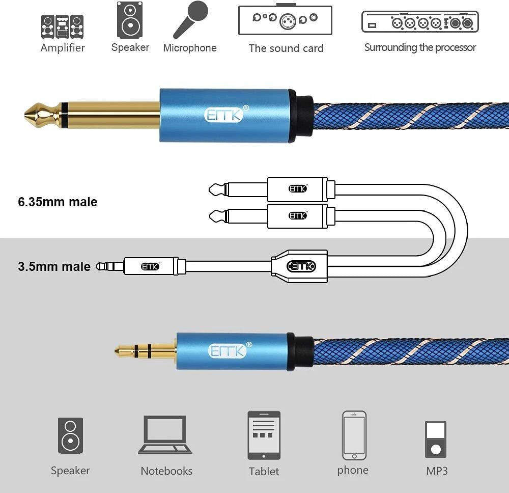 Emk 3.5mm į 2x 6.35mm stereo audio kabelis, paauksuotas, 5m